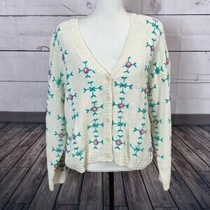 Cape Isle Knitters‎ Cardigan Sweater Women XL Vintage Cottage Chunky Embroidered